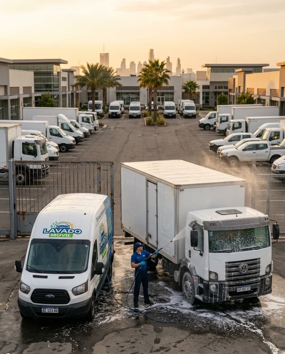 Operario lavando flota de vehiculos corporativos al amanecer